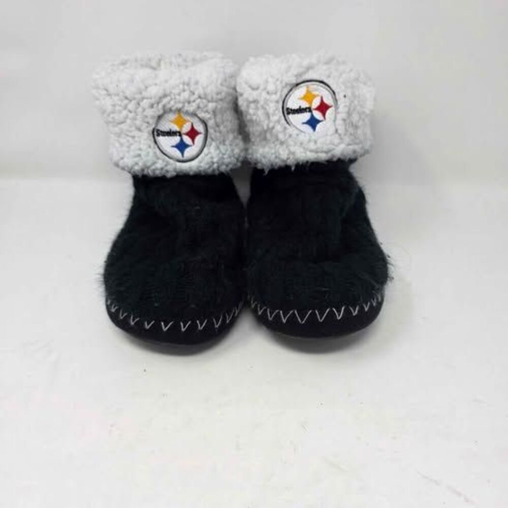 Pittsburgh Steelers Cable Knit Sherpa Slippers Womens XL 11-12 Black Bootie